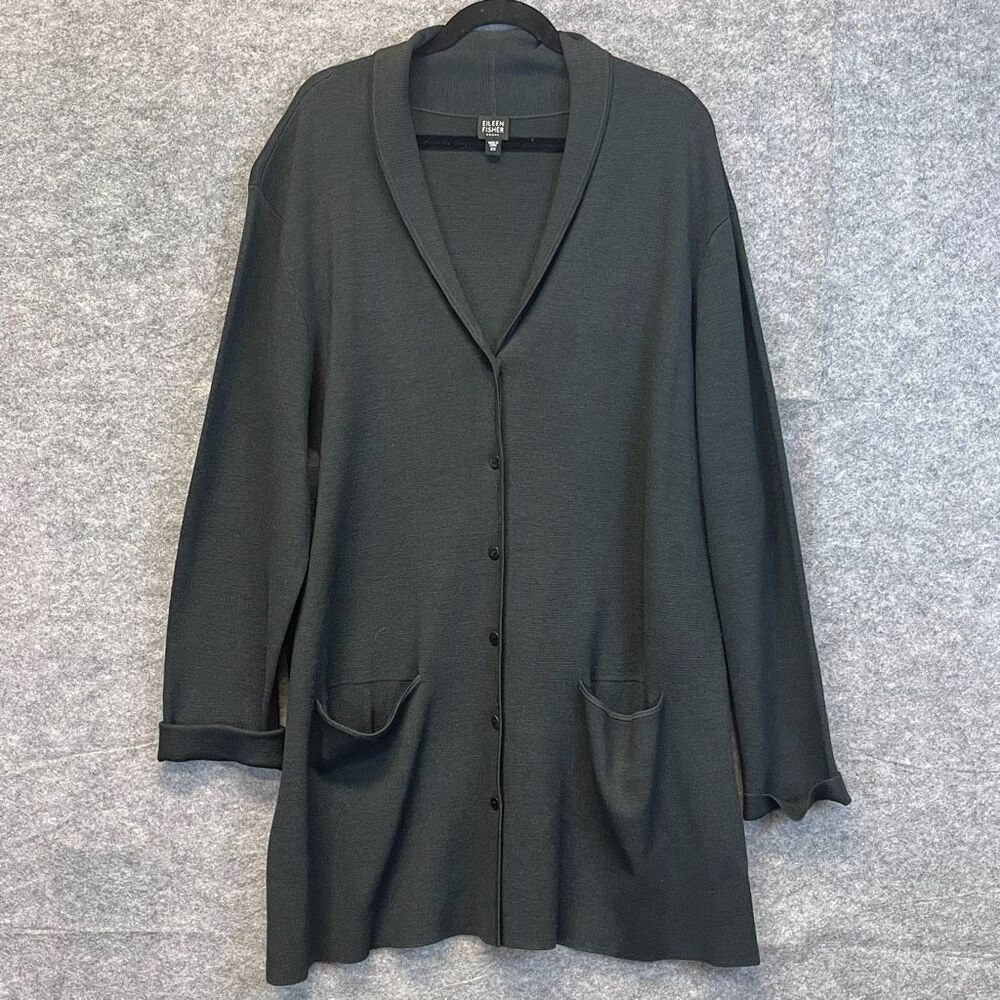 Eileen Fisher Dark Charcoal Gray Long Knit Cardigan